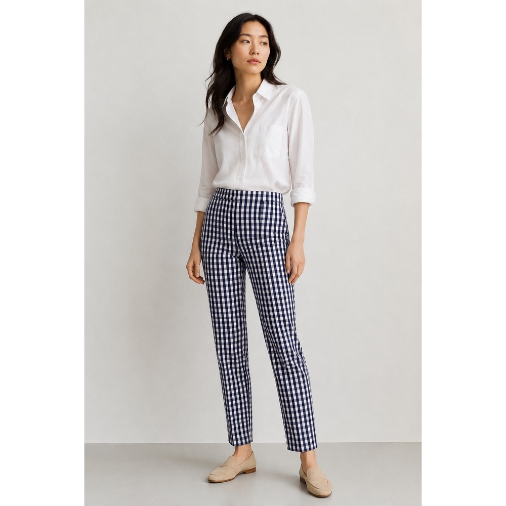 J.Crew Martie Slim Cropped Gingham Pants Navy Blue White Side Zip 4T Tall